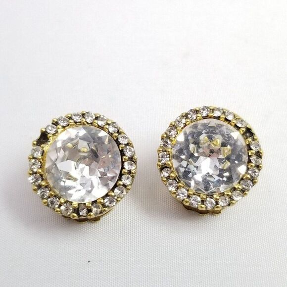 Vintage Zentall Round Rhinestone Clip On Earrings, Gold Tone Halo Signed - Picture 1 of 8